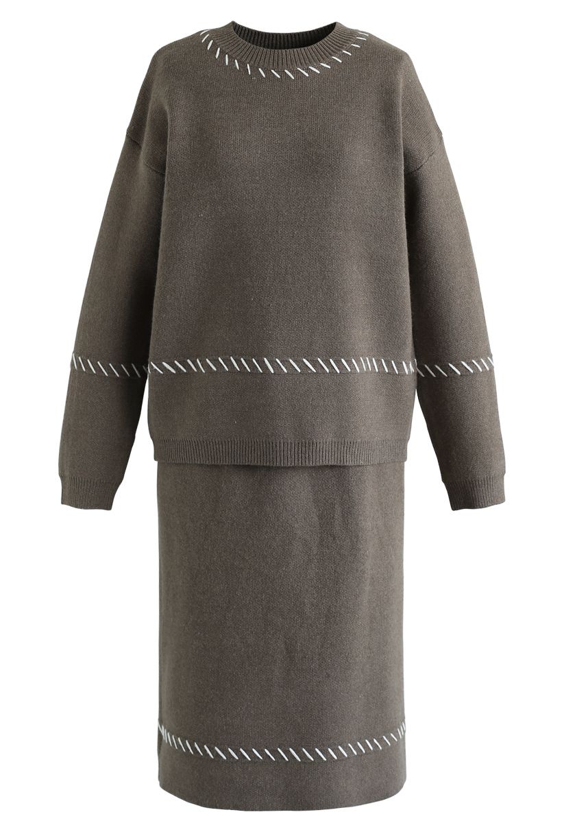 Slant Lines Trim Knit Top and Skirt Set in Olive
