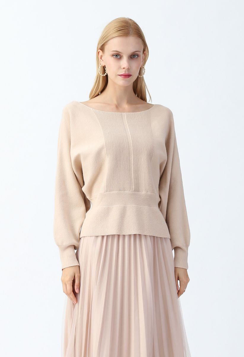 Batwing Sleeves Square Neck Ribbed Knit Top in Light Tan