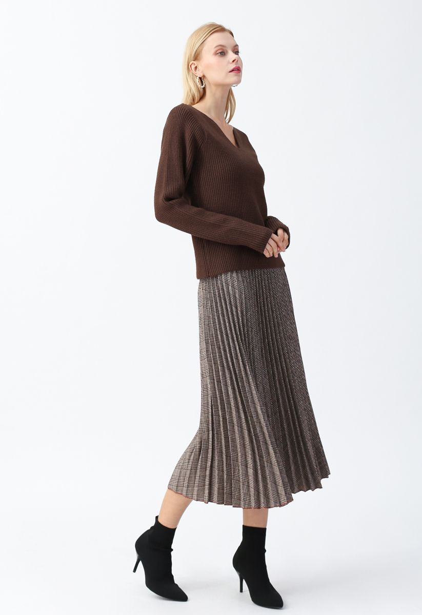 Full Plaid Pleated Midi Skirt in Brown