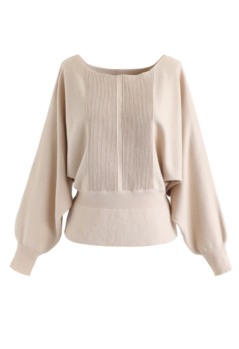 Batwing Sleeves Square Neck Ribbed Knit Top in Light Tan