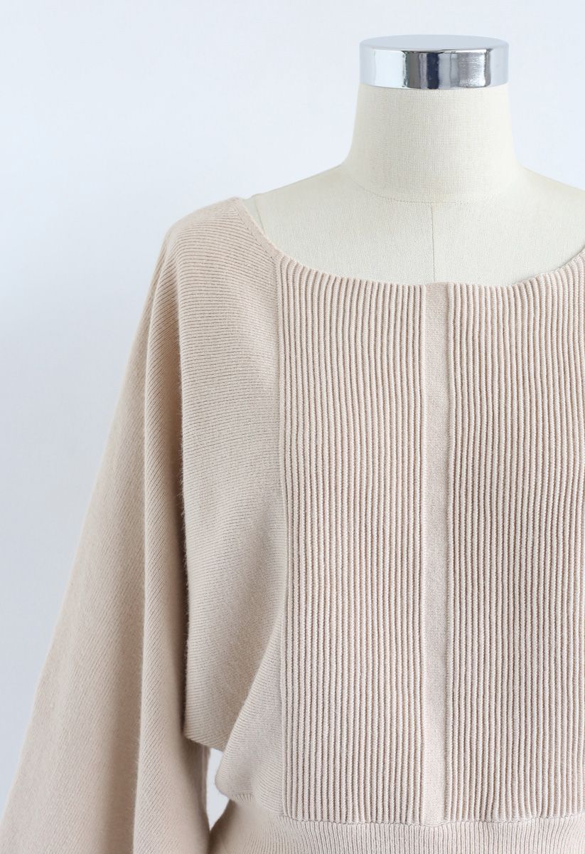 Batwing Sleeves Square Neck Ribbed Knit Top in Light Tan