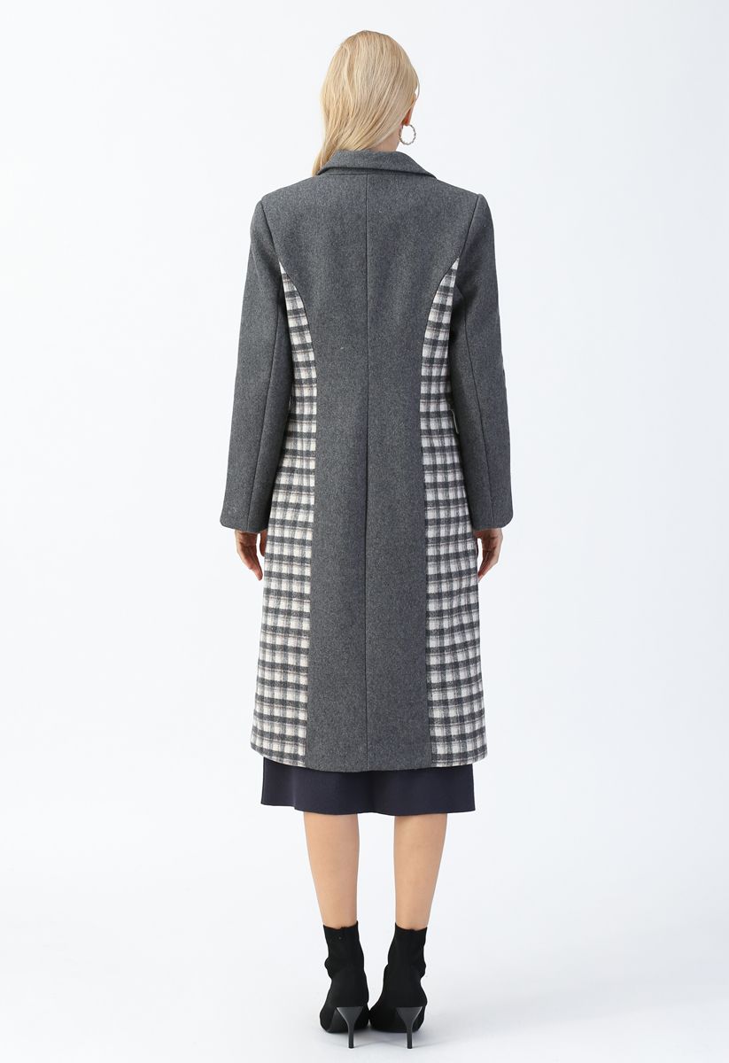 Plaid Spliced Buttoned Wool-Blended Longline Coat