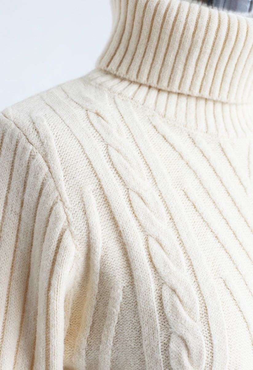 Turtleneck Braid Frilling Knit Dress in Cream