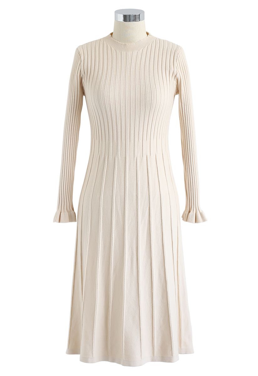Mock Neck Pleated Knit Twinset Dress in Cream