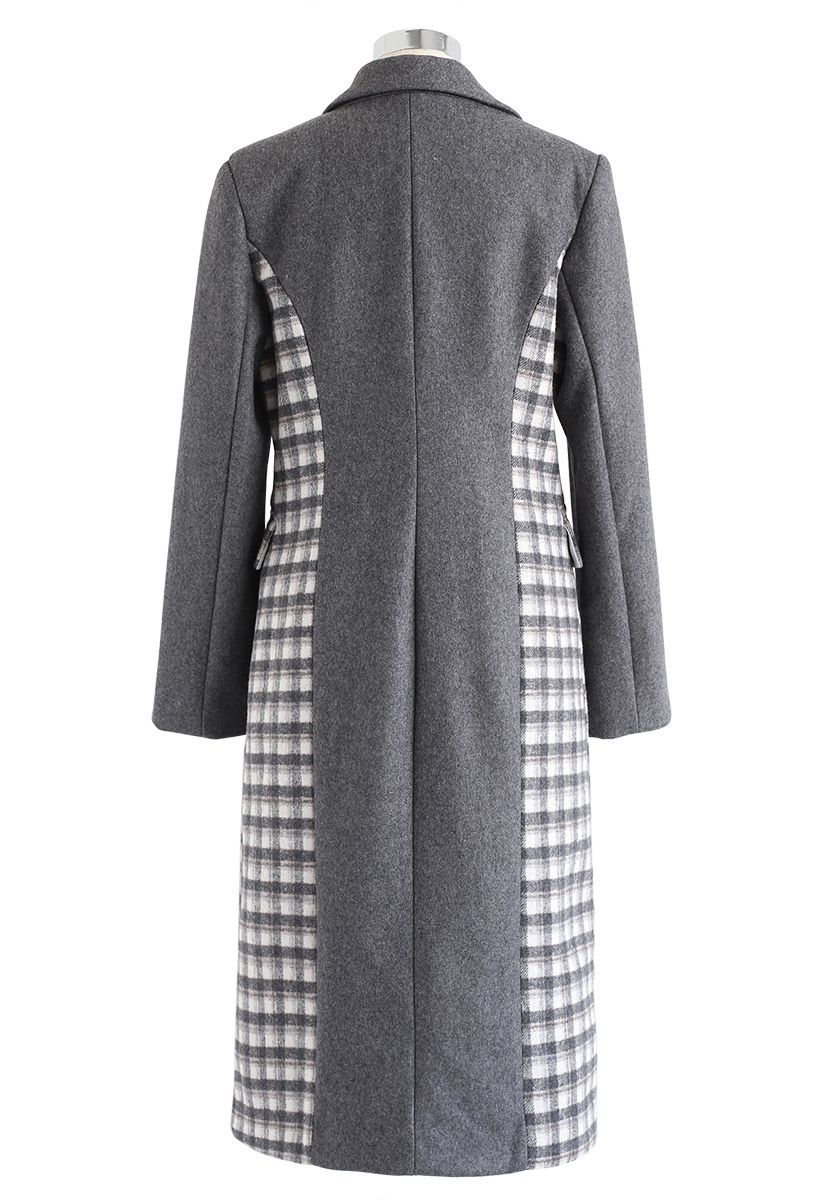 Plaid Spliced Buttoned Wool-Blended Longline Coat