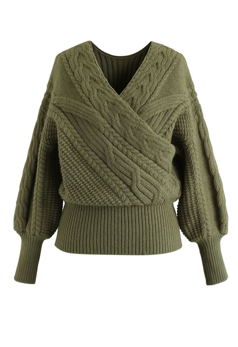Fluffy Braid Texture Wrap Knit Sweater in Army Green