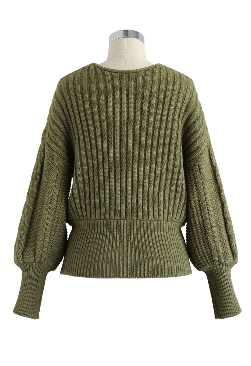 Fluffy Braid Texture Wrap Knit Sweater in Army Green