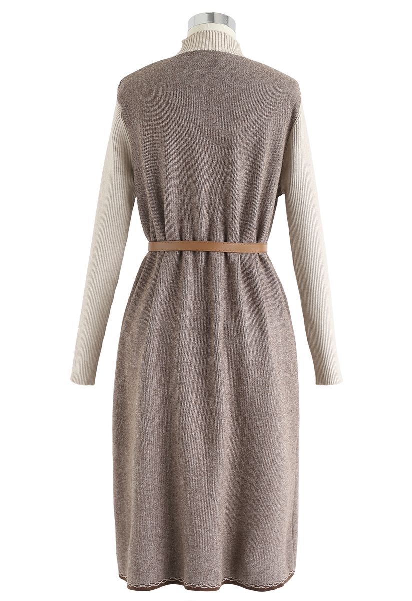 Belted Fake Two-Piece Knit Dress in Caramel