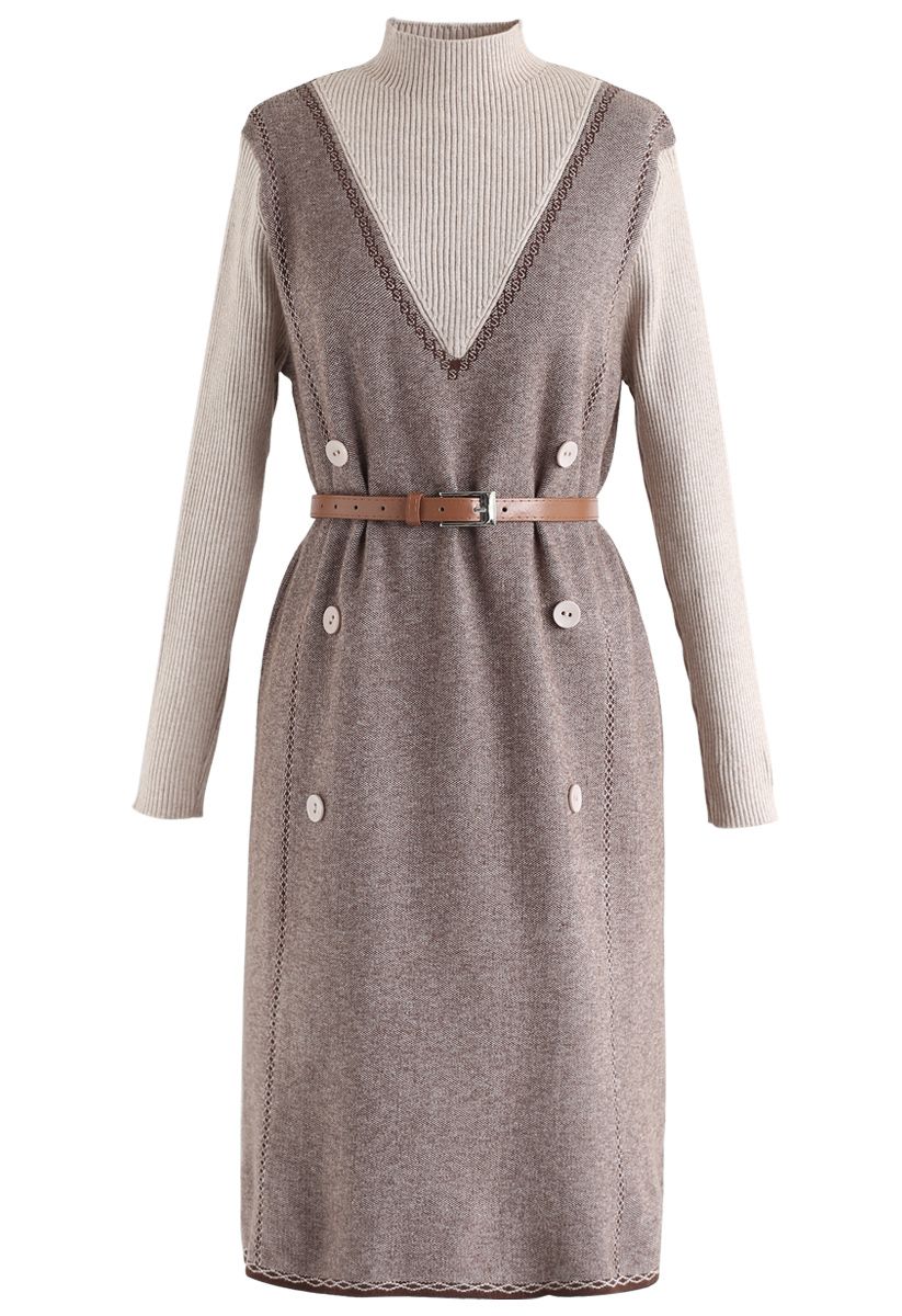 Belted Fake Two-Piece Knit Dress in Caramel