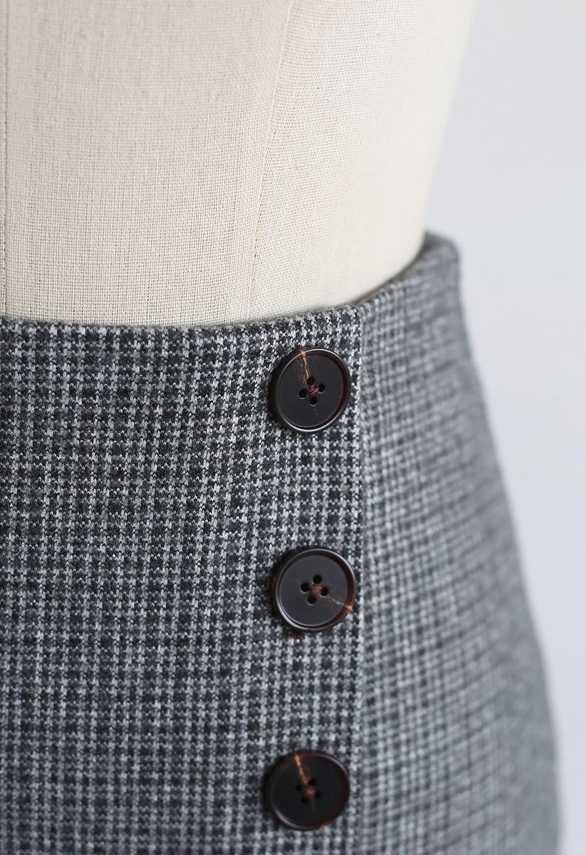 Plaid Button Split Pencil Midi Skirt in Grey