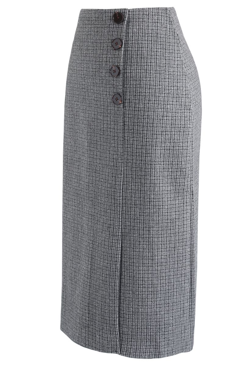 Plaid Button Split Pencil Midi Skirt in Grey