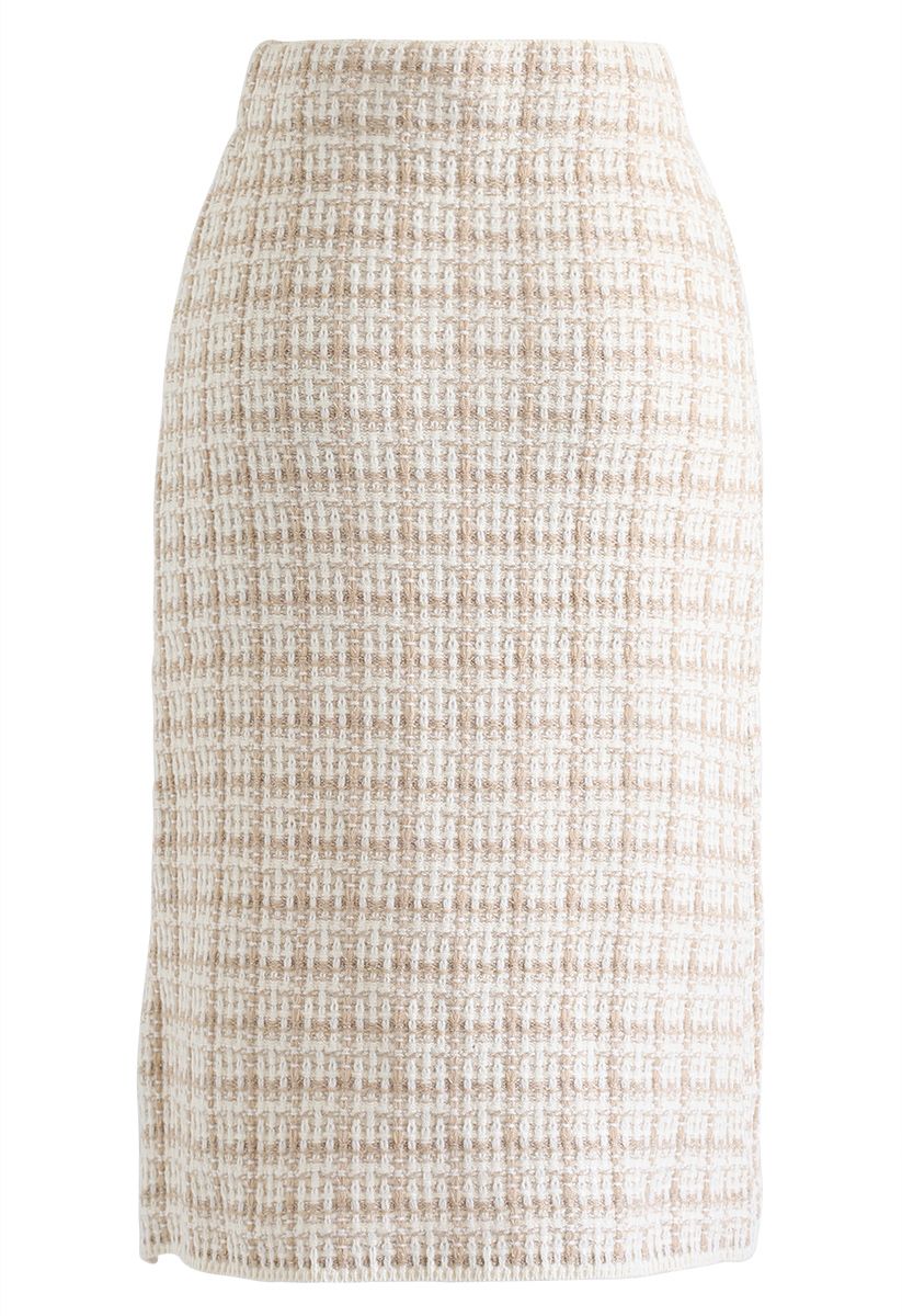 Buttons Decorated Grid Pencil Midi Skirt in Light Tan