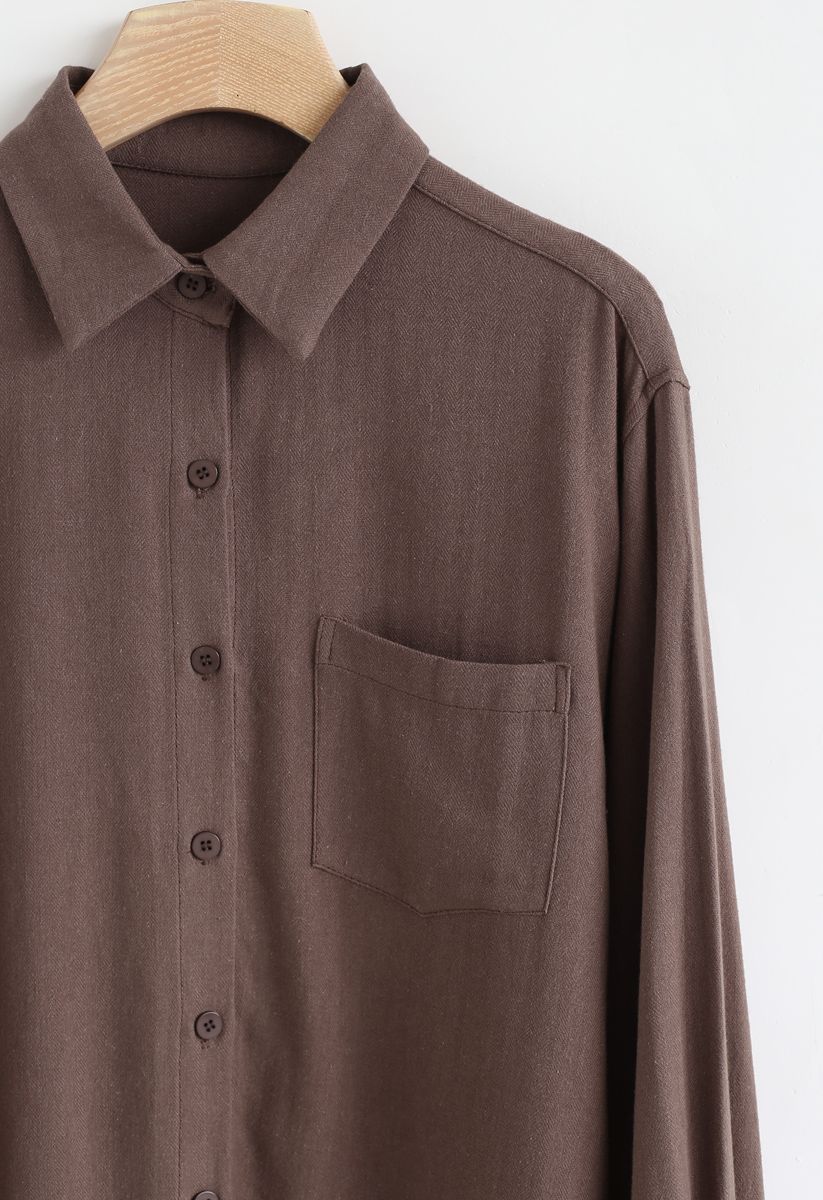 Pocket Button Down Sleeves Shirt in Brown