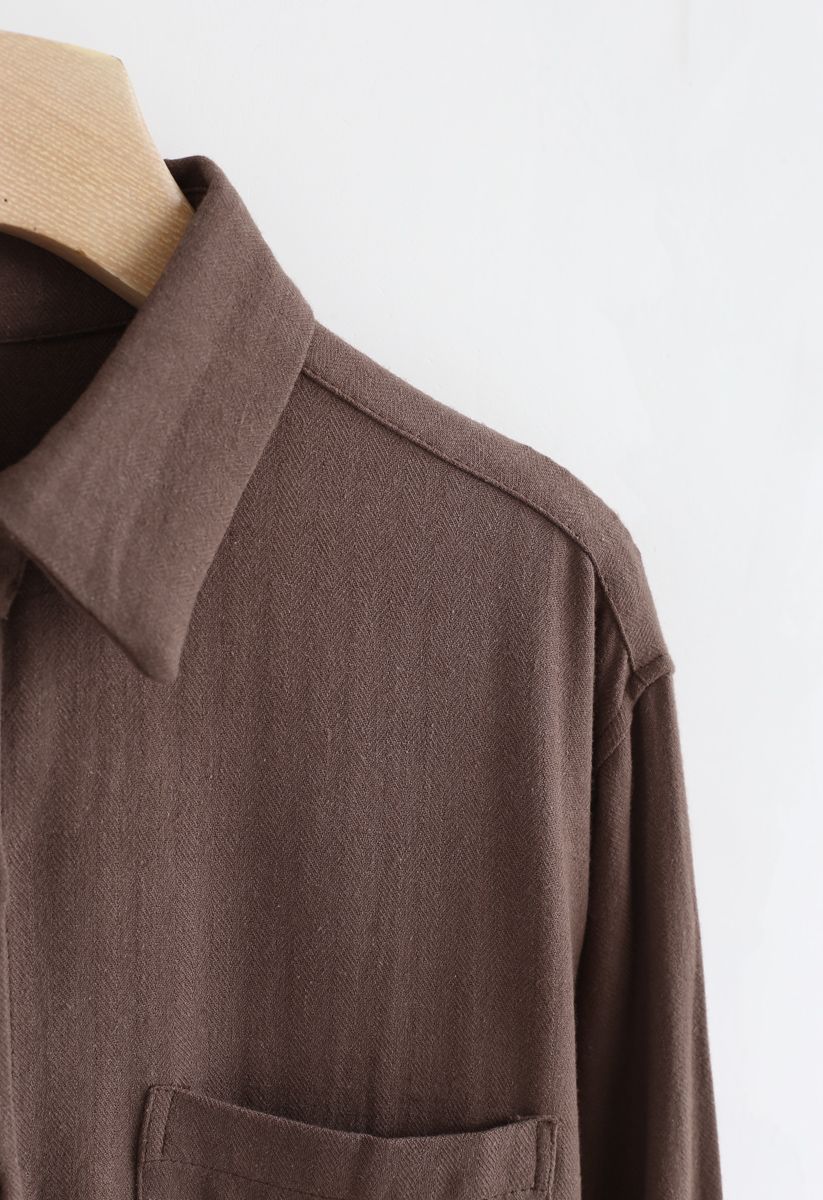 Pocket Button Down Sleeves Shirt in Brown