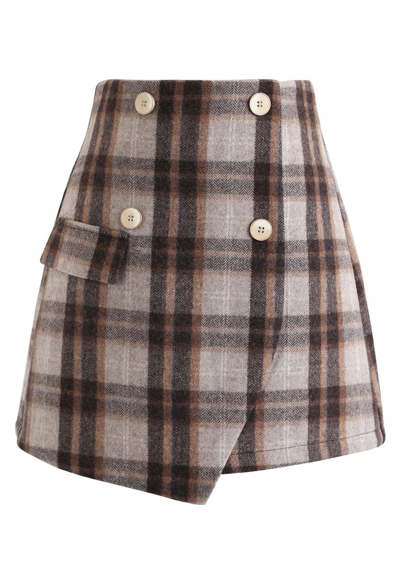 Plaid Button Flap Mini Skirt
