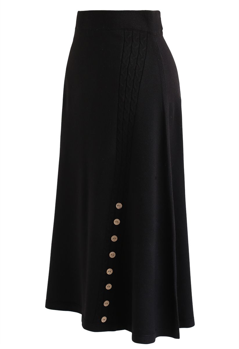 Braid Button Trim A-Line Knit Skirt in Black