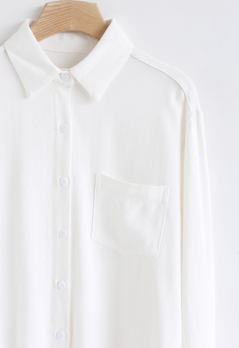 Pocket Button Down Sleeves Shirt in White