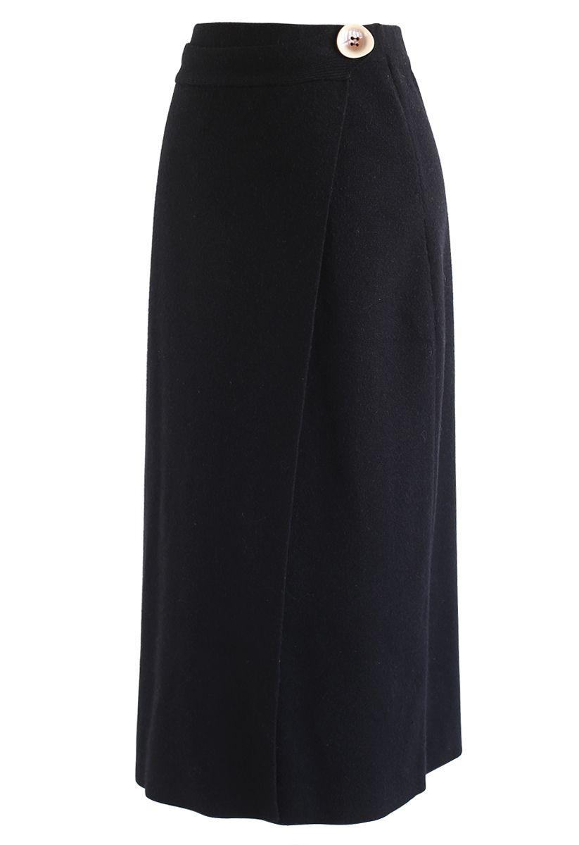Button Decorated Flap Pencil Knit Skirt in Black
