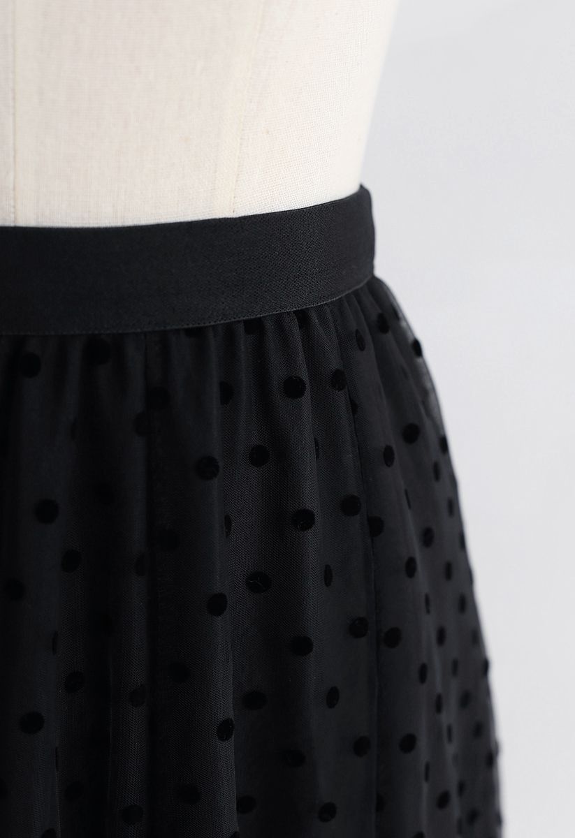 Full Polka Dots Double-Layered Mesh Tulle Skirt in Black
