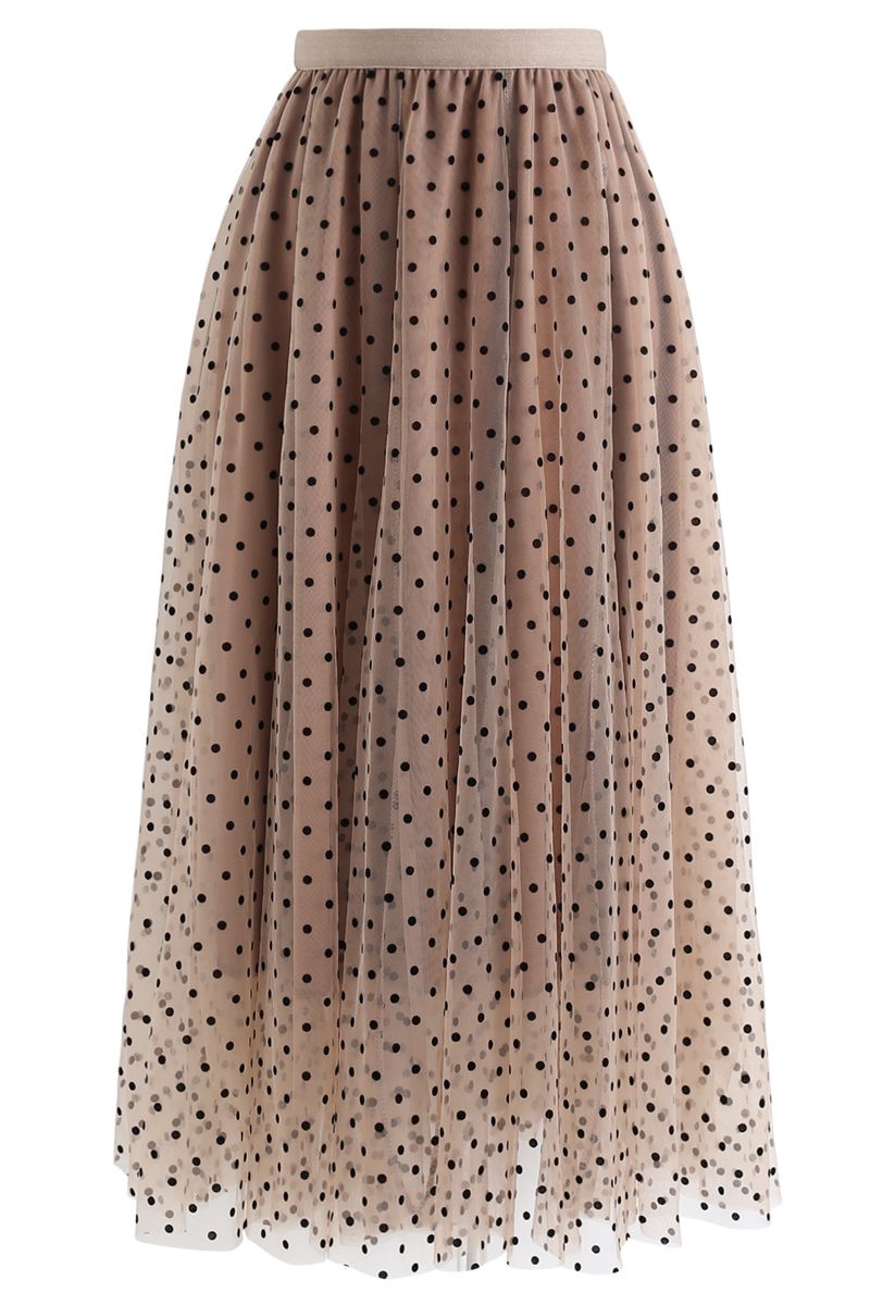 Full Polka Dots Double-Layered Mesh Tulle Skirt in Caramel - Retro