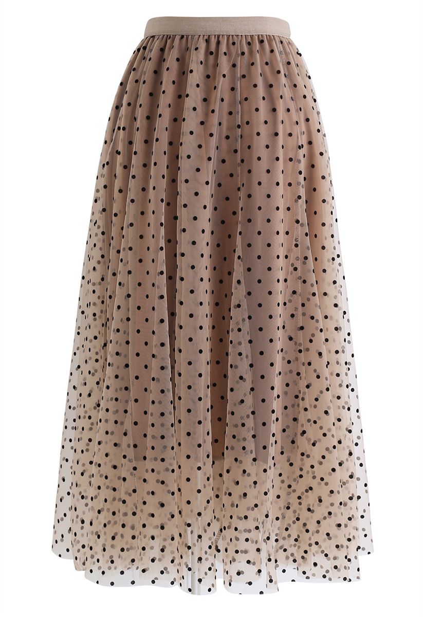 Full Polka Dots Double-Layered Mesh Tulle Skirt in Caramel - Retro ...