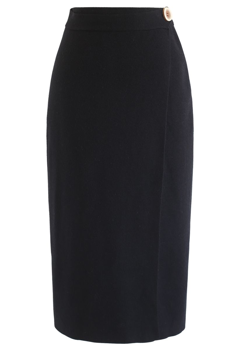 Button Decorated Flap Pencil Knit Skirt in Black