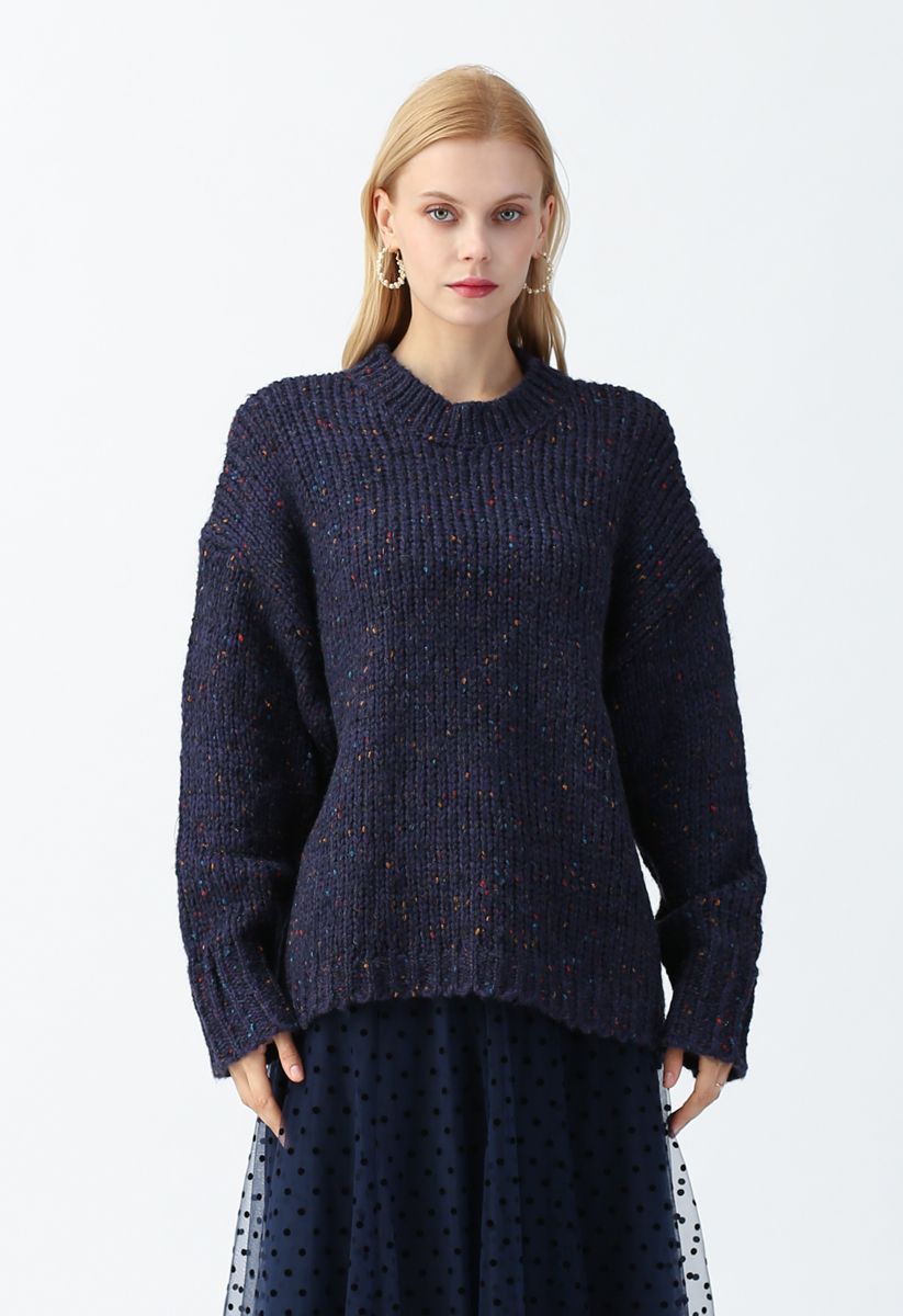 Round Neck Loose Knit Sweater in Navy