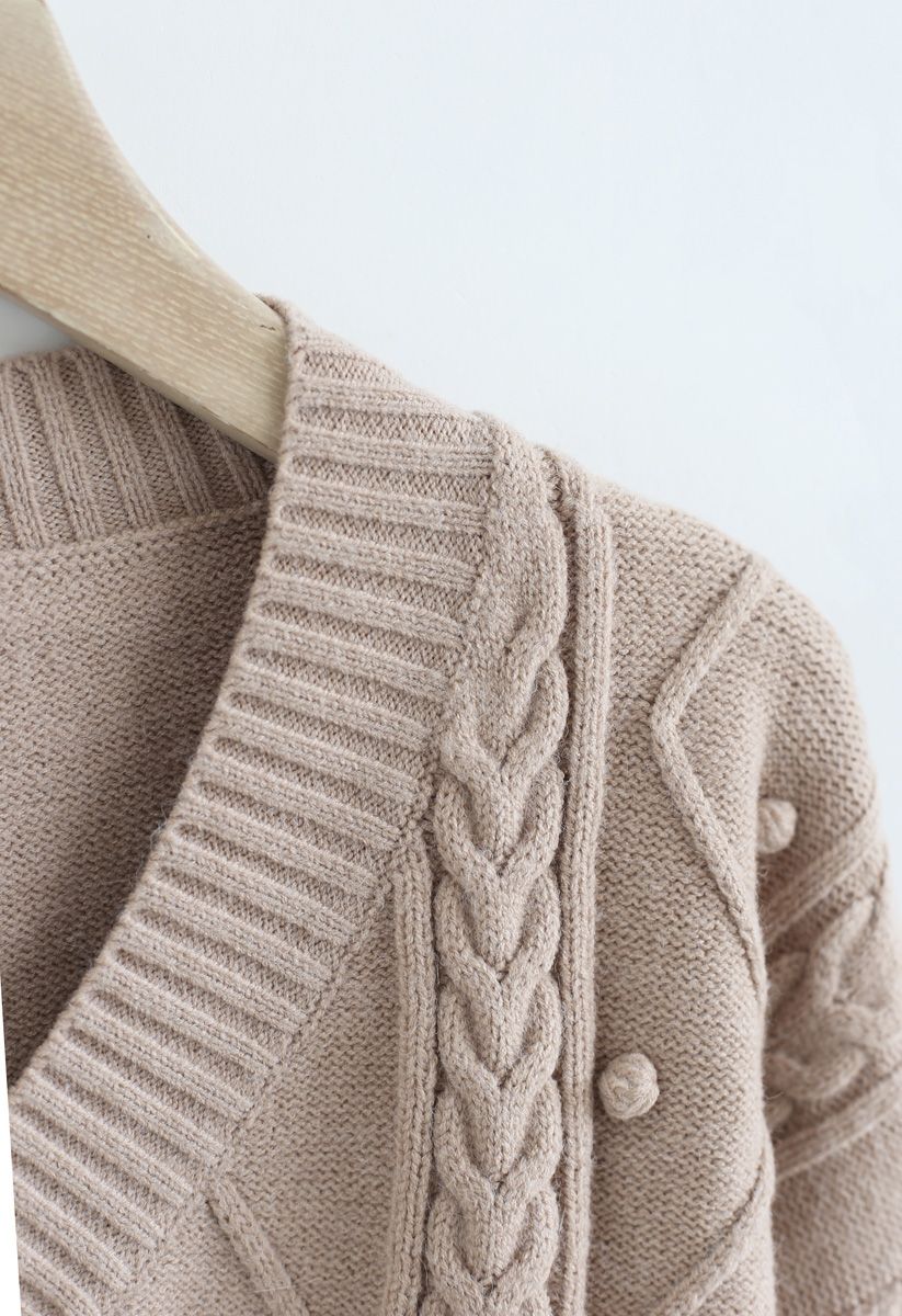 Pom-Pom Braid V-Neck Knit Sweater in Tan