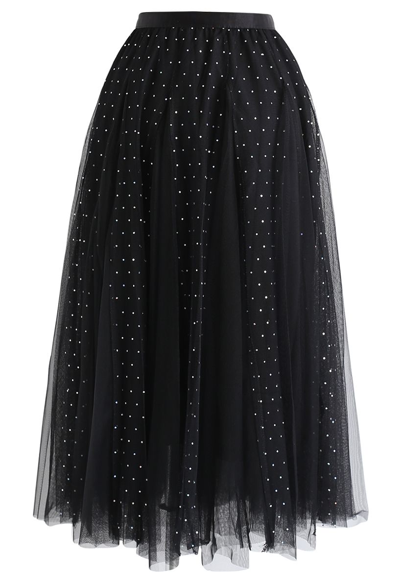 Sequined Double-Layered Mesh Tulle Midi Skirt in Black