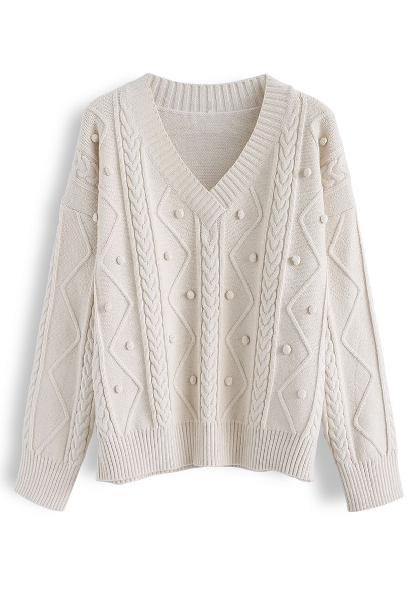 Pom-Pom Braid V-Neck Knit Sweater in Cream