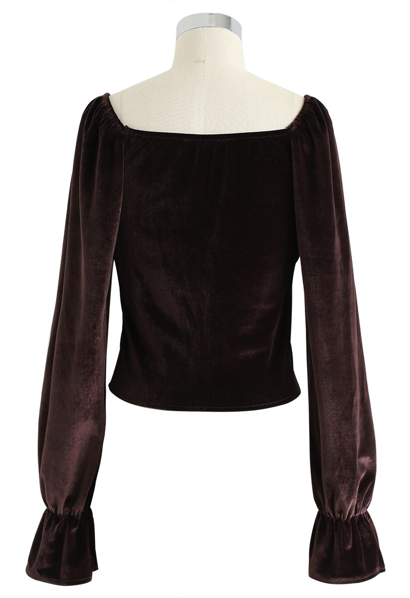 Square Neck Buttoned Velvet Crop Top in Brown