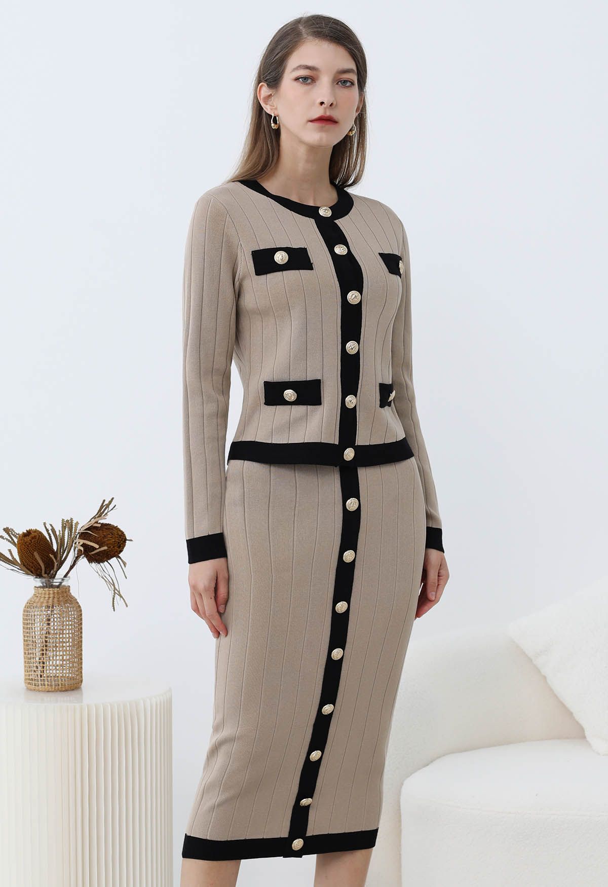 Contrast Trim Golden Button Knit Cardigan and Skirt Set in Taupe