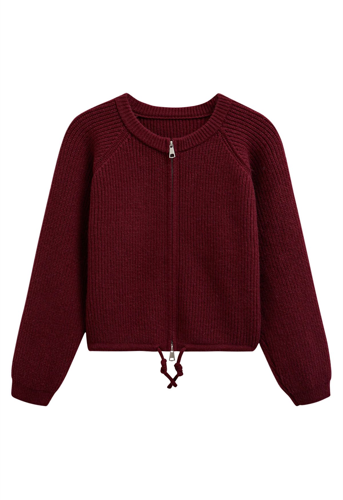 Drawstring Zipper Ribbed Knit Cardigan in Burgundy