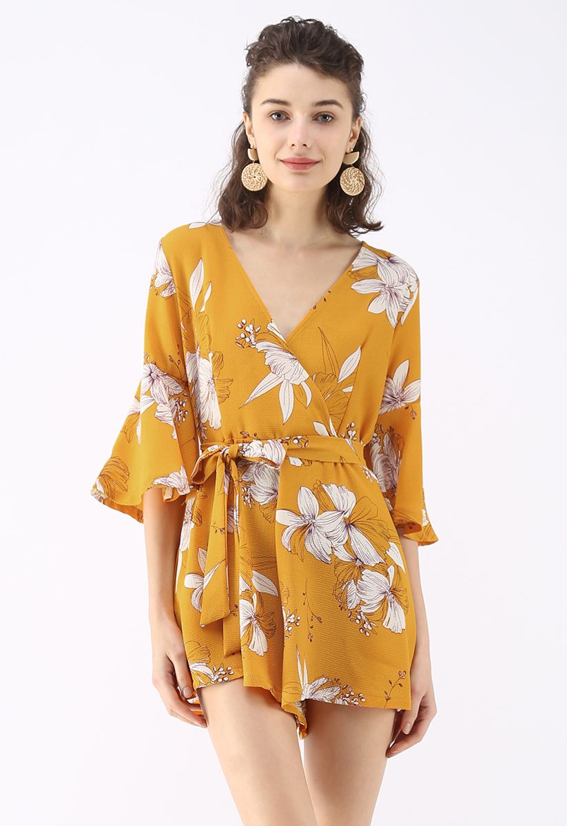 Bold Blooms Floral Wrapped Playsuit in Yellow - Retro, Indie and Unique ...