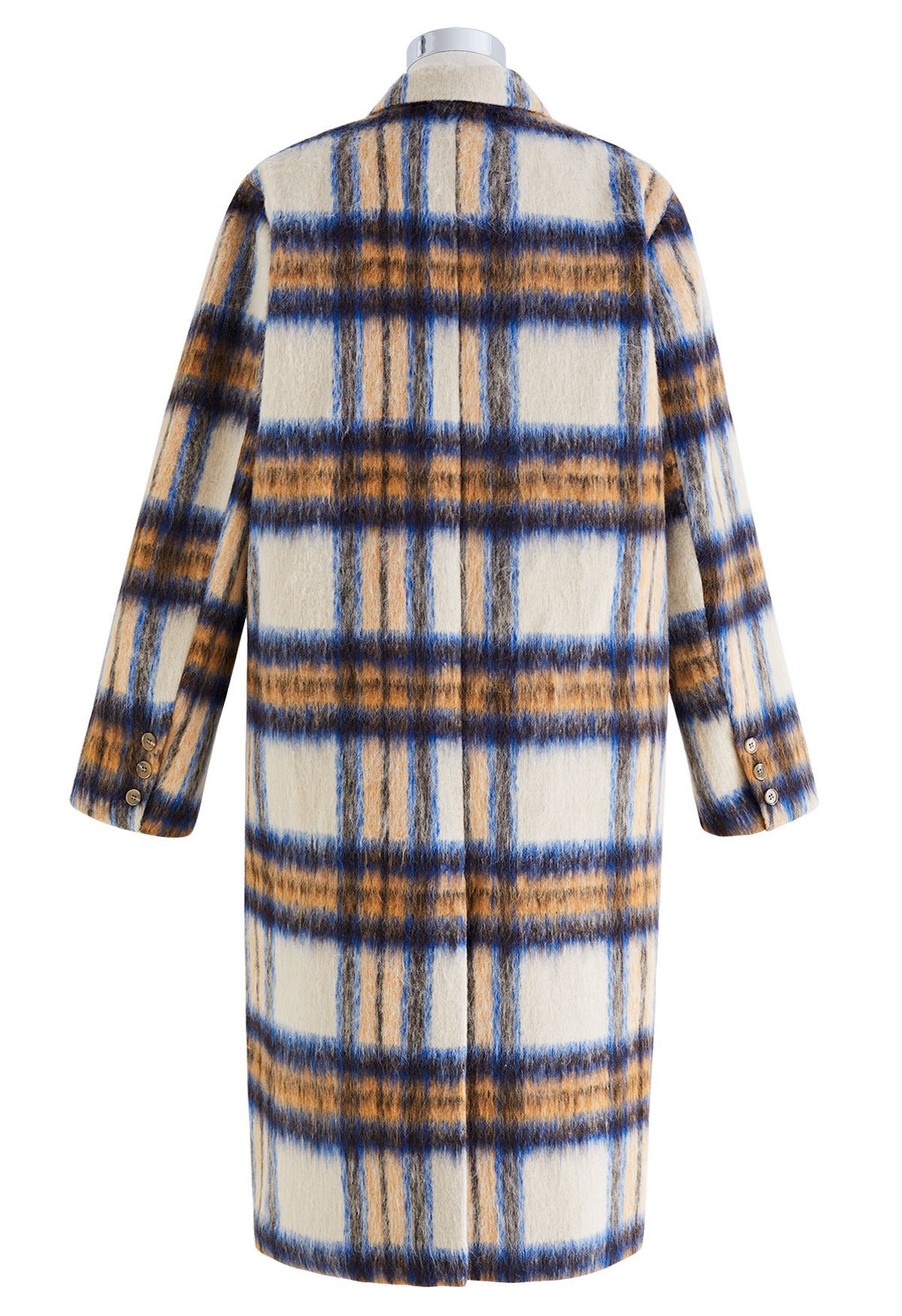 Plaid Peaked Lapel Wool-Blend Longline Coat in Blue