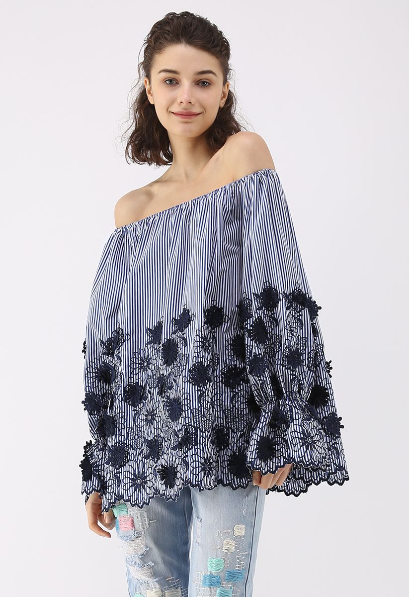 Navy Daisy Embroidered Off-Shoulder Stripe Top