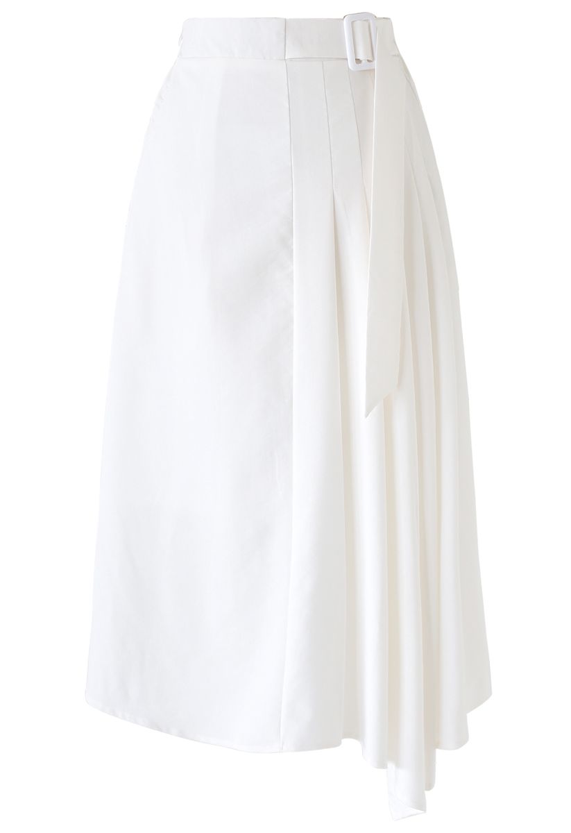 Pleated Details Belted Midi Skirt in White