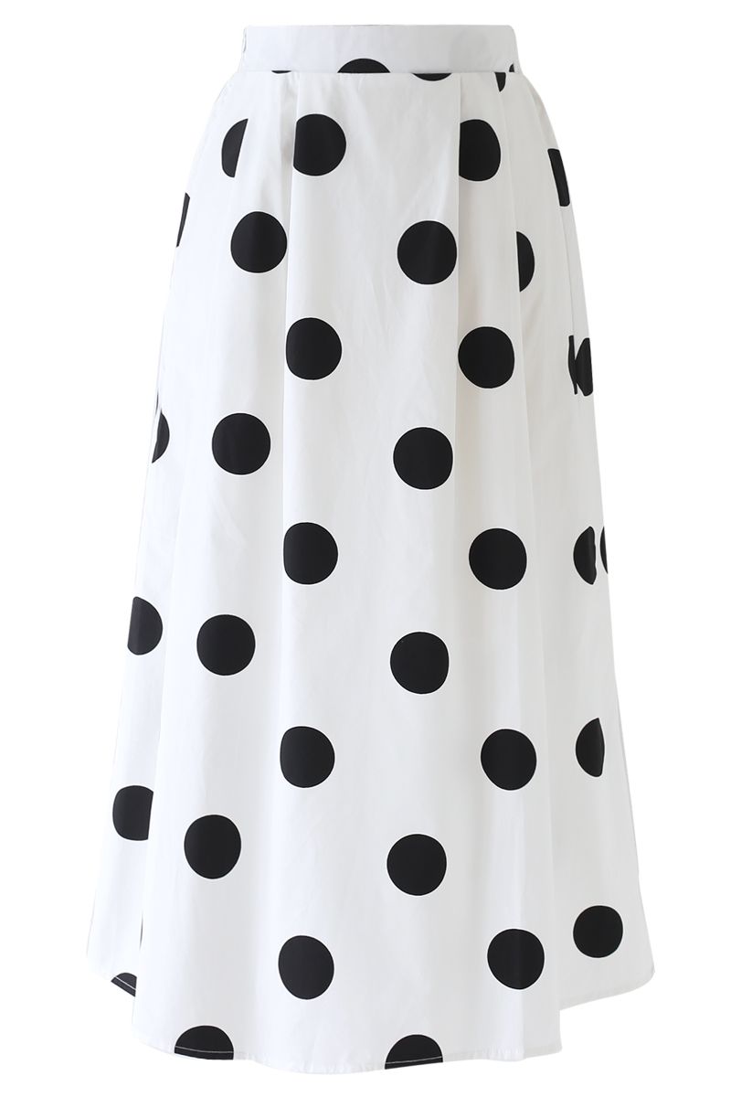 Contrast Polka Dots Print Midi Skirt in White