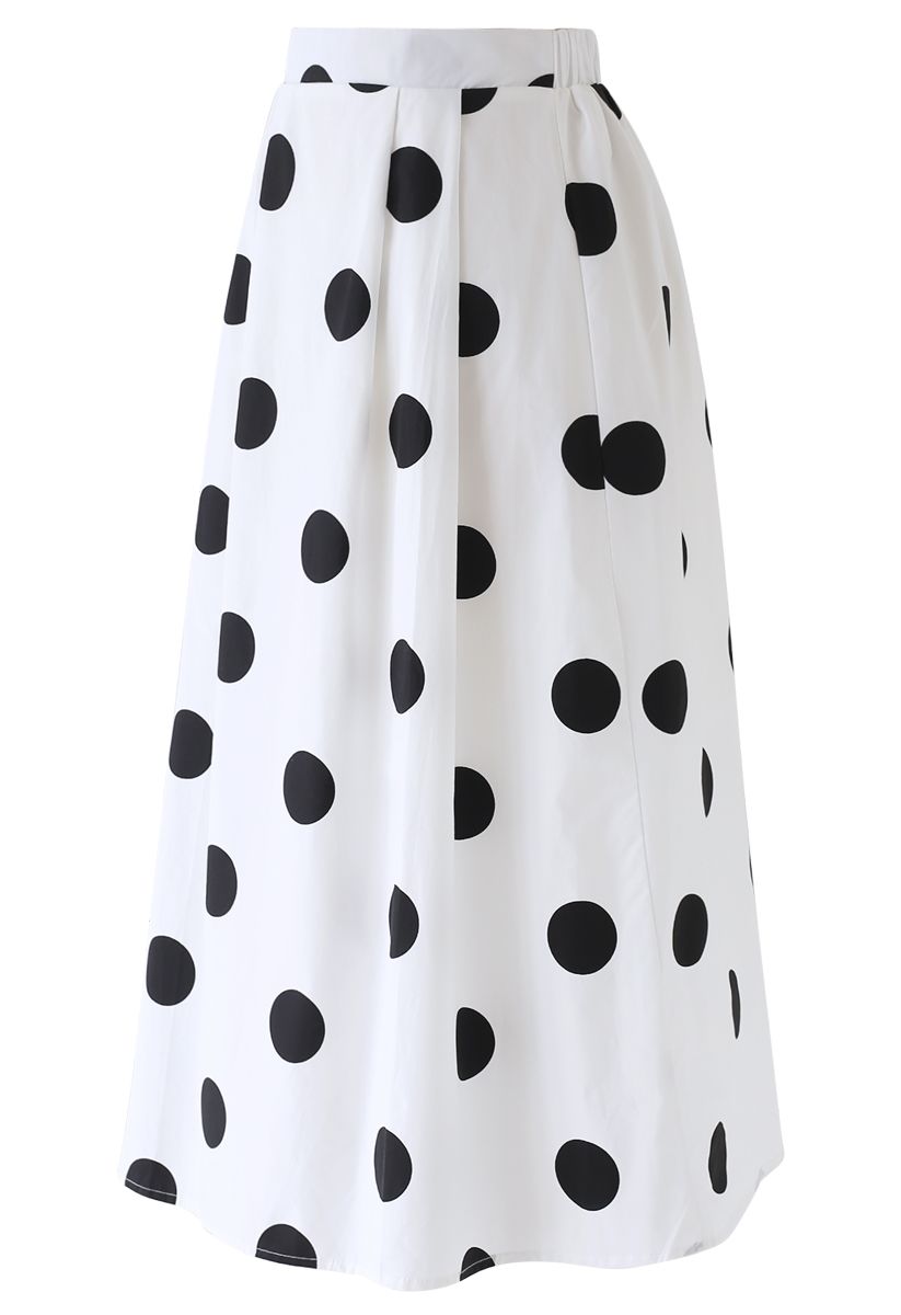Contrast Polka Dots Print Midi Skirt in White