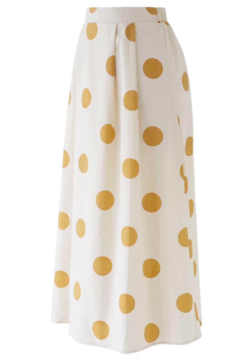 Contrast Polka Dots Print Midi Skirt in Light Yellow