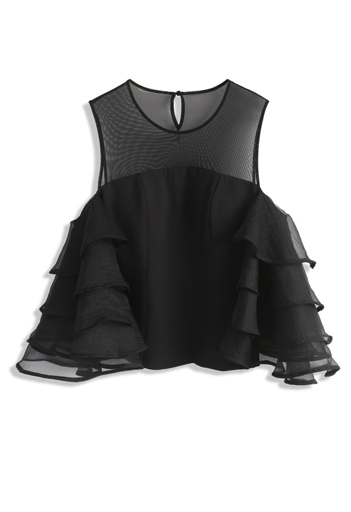 Cheery Black Cold-shoulder Top with Tiered Sleeves 