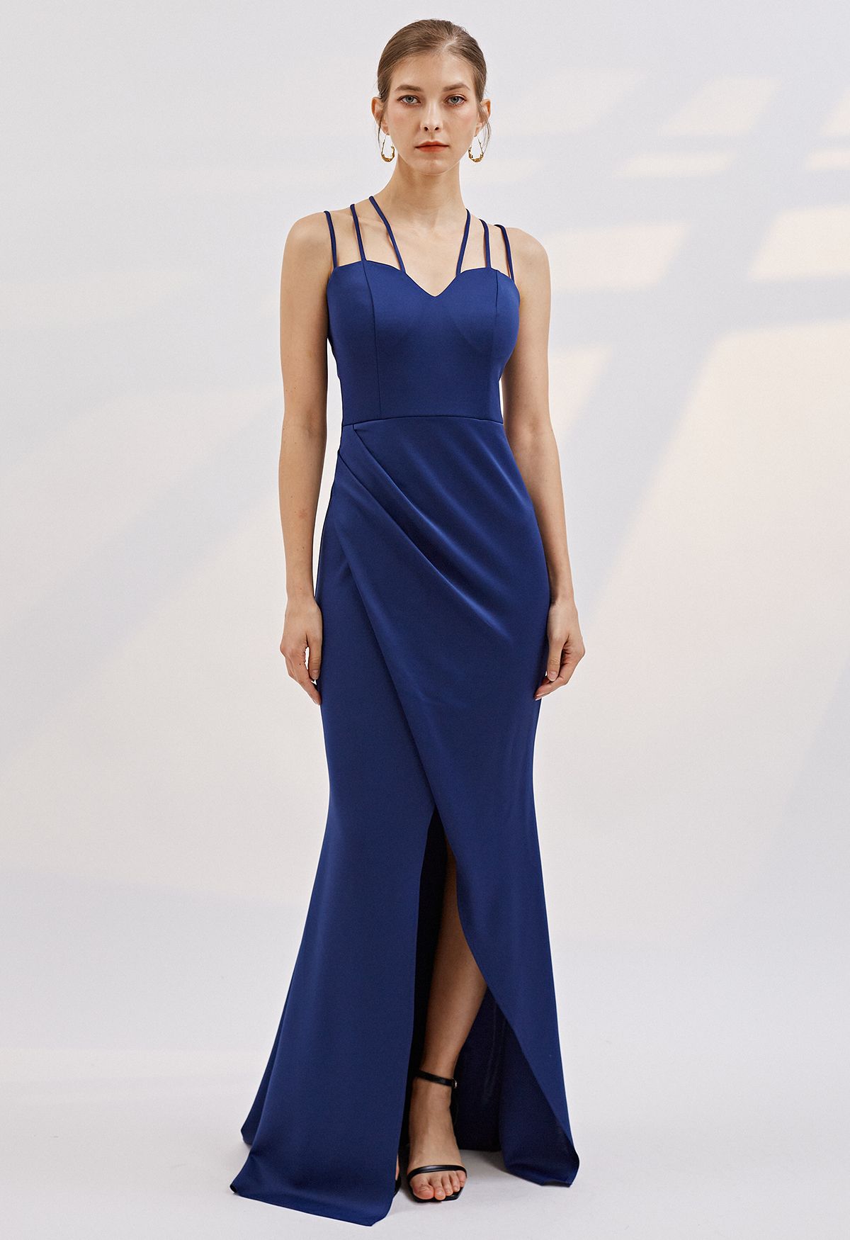 Multiple Straps Ruched Flap Slit Mermaid Gown in Navy
