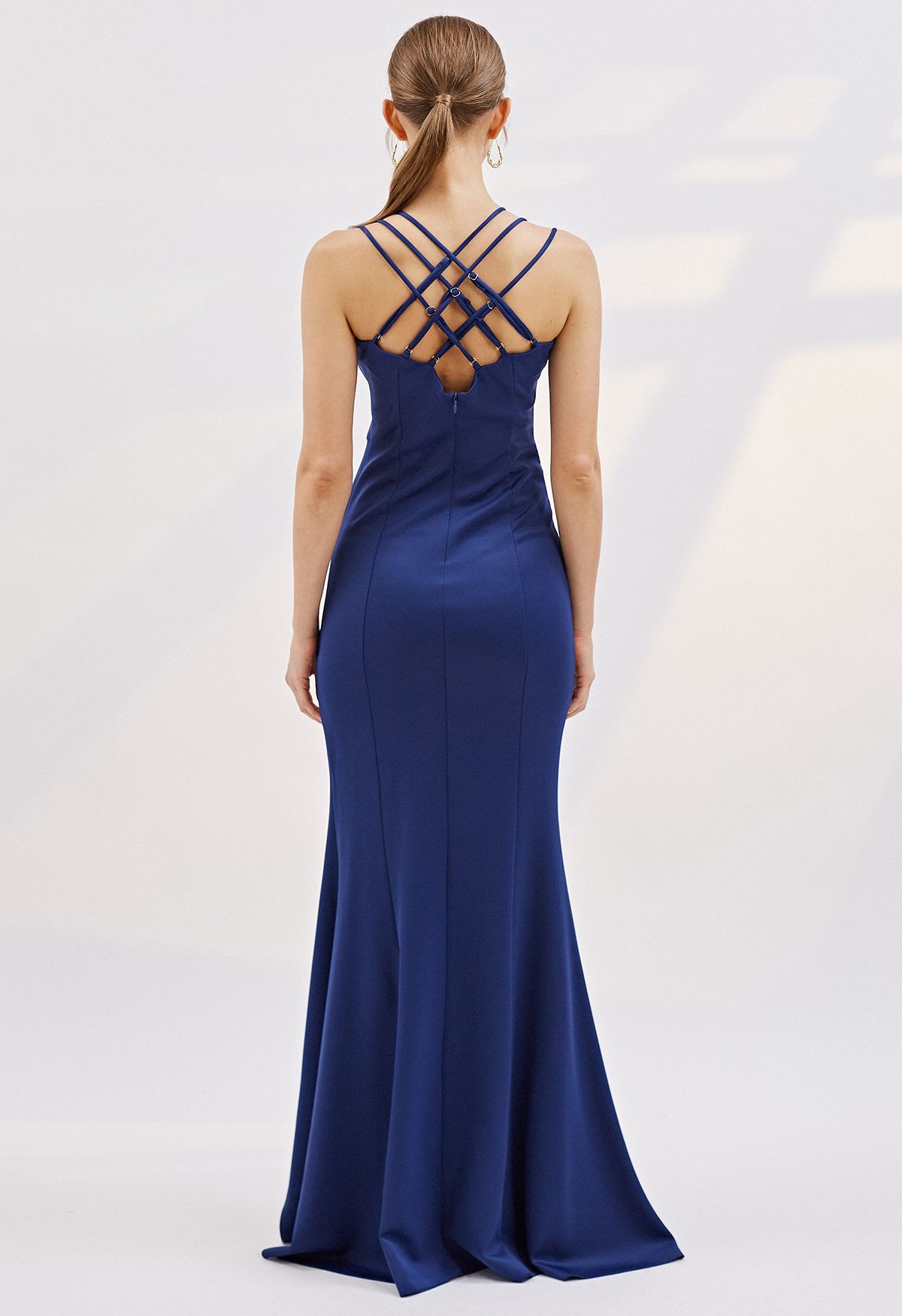Multiple Straps Ruched Flap Slit Mermaid Gown in Navy