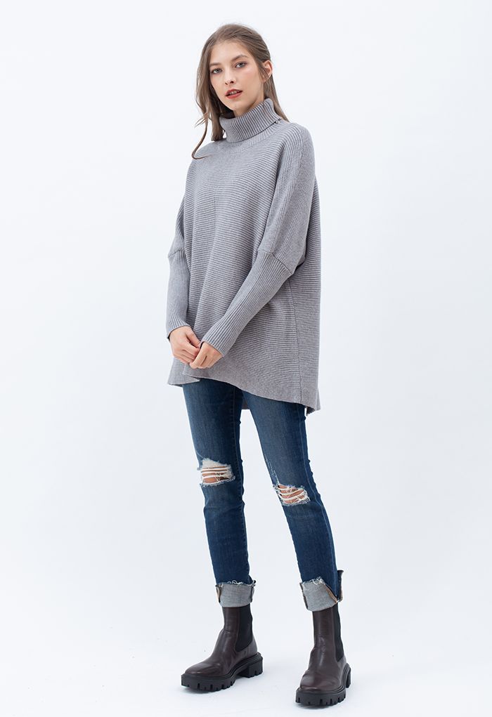 Effortless Chic Turtleneck Batwing Sleeve Hi-Lo Sweater in Grey