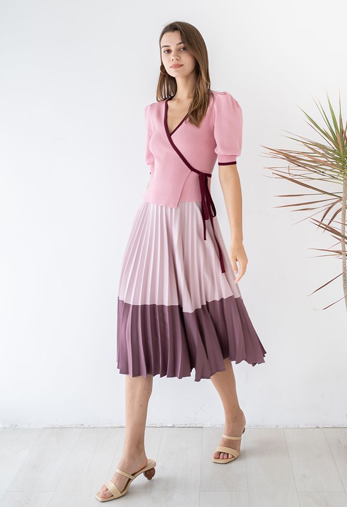 Two-Tone A-Line Pleated Skirt in Pink