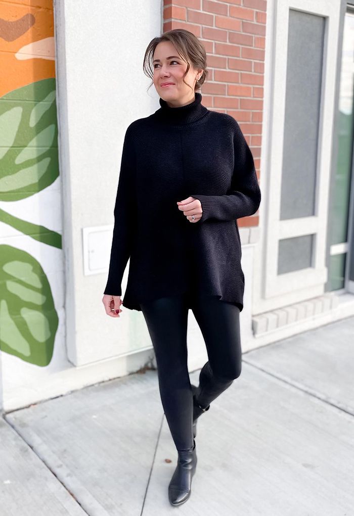 Effortless Chic Turtleneck Batwing Sleeve Hi-Lo Sweater in Black