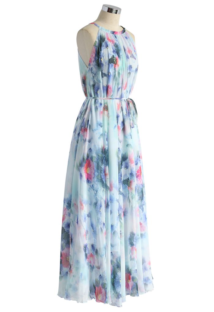Tranquil Blue Watercolor Floral Maxi Slip Dress - Retro, Indie and ...