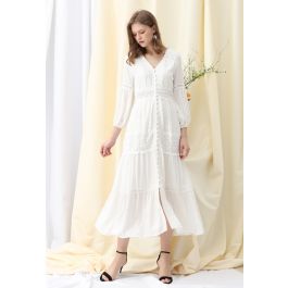 Button Down Crochet Embroidered Boho Maxi Dress in White - Retro, Indie ...