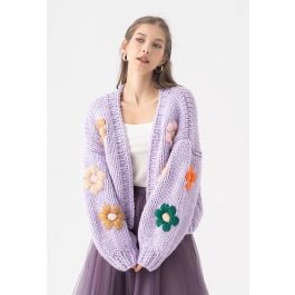 Daisy Cardigan For Women,Purple Floral,Chunky Sweater,Cropped Handmade Big Flower My Plum Cardigan,Daisy Knit, cheapest Daisy Cardigan,Flowers Shaped