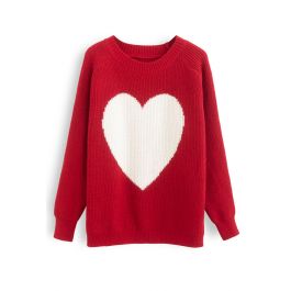 ONE HEART RIB KNIT OVERSIZED SWEATER IN RED